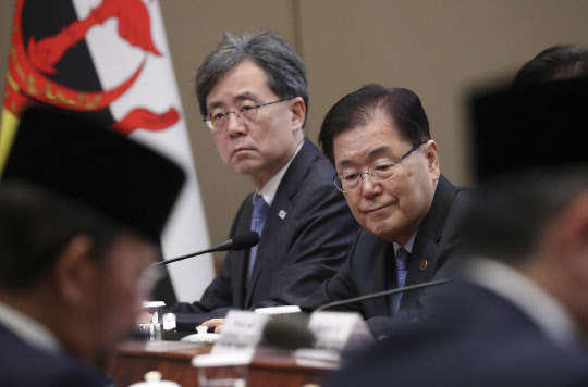 정의용 청와대 국가안보실장(오른쪽)과 김현종 2차장이 24일 오전 청와대에서 열린 하사날 볼키아 브루나이 국왕과의 정상회담에 참석해 있다.  <연합뉴스>
